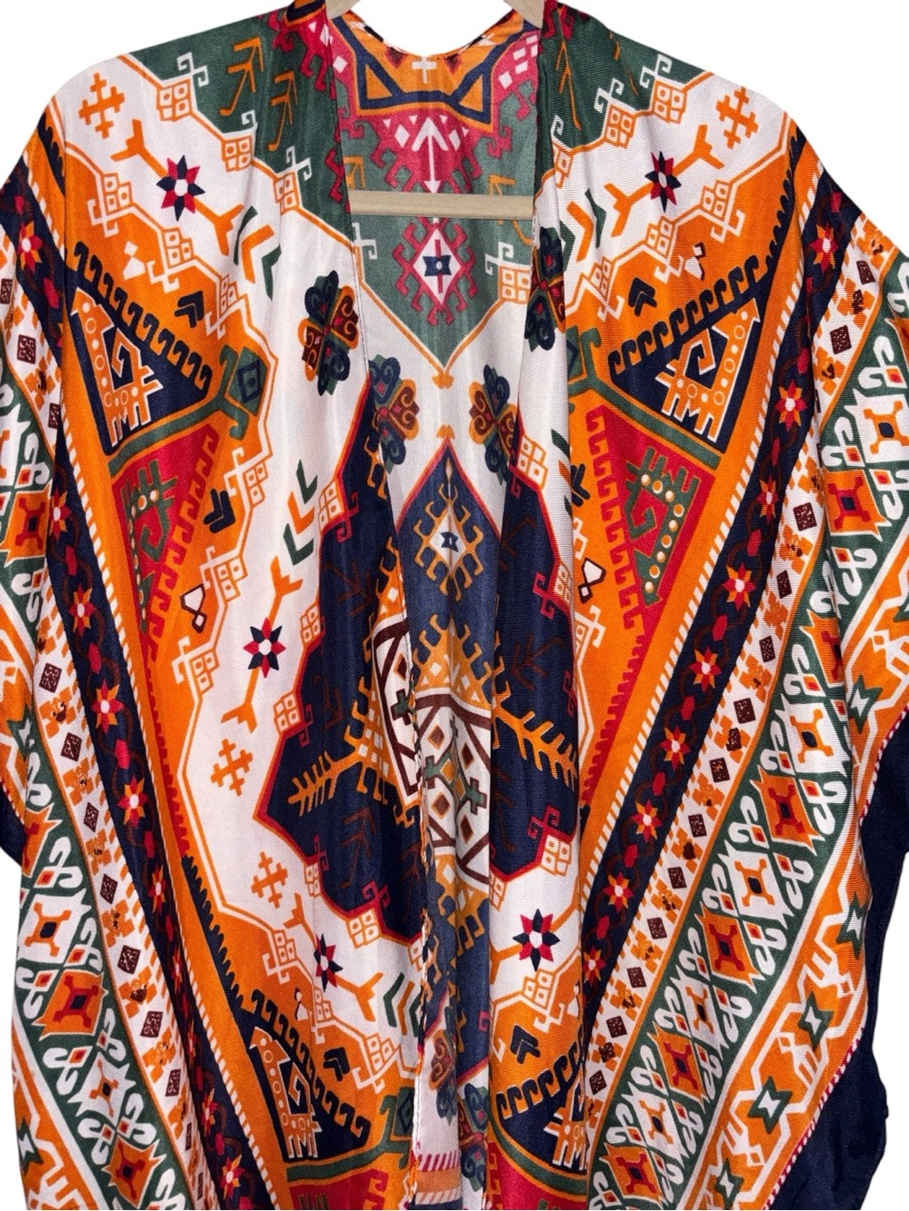 Jessica McClintock Orange, Navy & Green Geometric Kimono w/Tassles, NWT - Picture 2 of 10